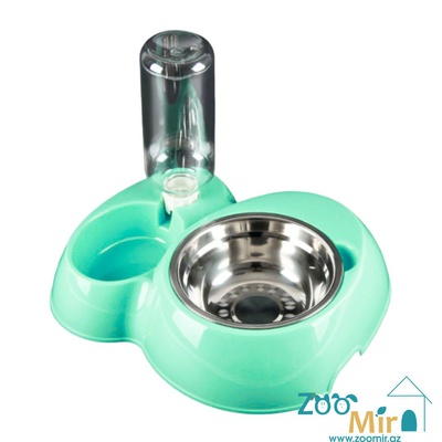 Kİ, двойная миска с бутылкой для воды, для собак малых пород и кошек, 30х20х24 см (400 мл) (цвет: ментол)
