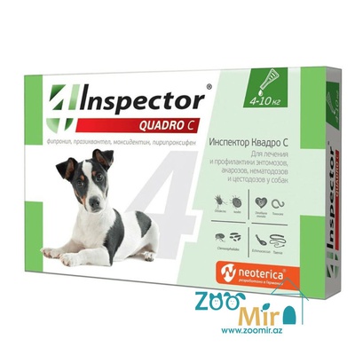 Inspector Quadro C, раствор для наружного применения (на холку) против блох, клещей и дегельминтизация, для собак весом от 4 кг до 10 кг (цена за 1 пипетку)