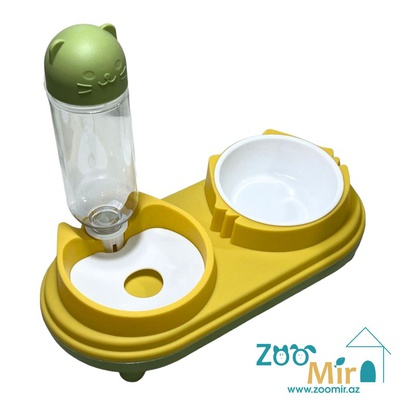 Kİ, двойная миска с бутылкой для воды, для собак малых пород и кошек, 33х17х28 см (цвет: желто-зеленый)