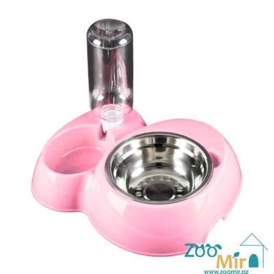 Kİ, двойная миска с бутылкой для воды, для собак малых пород и кошек, 30х20х24 см (400 мл) (цвет: розовый)
