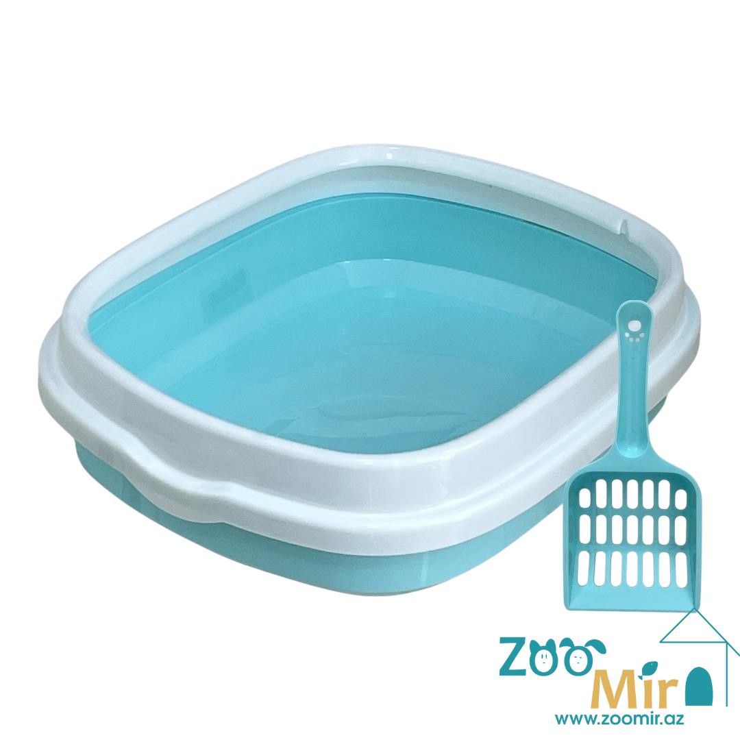 KI, пластиковый лоток прямоугольной формы, оснащенный бортиком, для котят и кошек, 39.5х32.5х10  см (цвет: голубой)