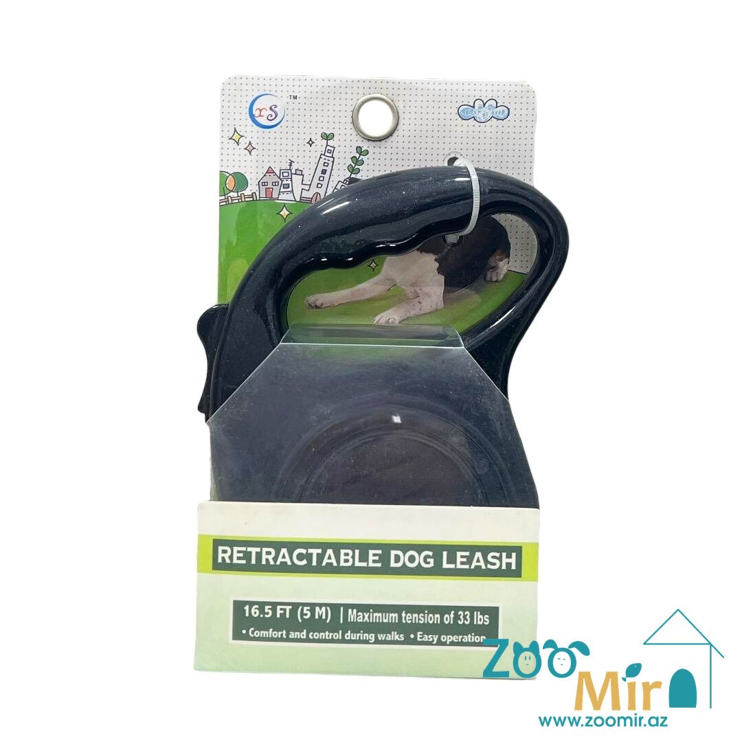 XSTM, ременный поводок-рулетка 5 метров, весом до 15 кг, размер M, для собак малых и средних пород  (цвет: черный)