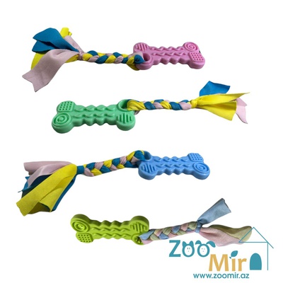 KI, игрушка кость резиновая с косичкой из ткани для щенков и собак, 24 см (выпускается в разных цветах) (цена за 1 игрушку)