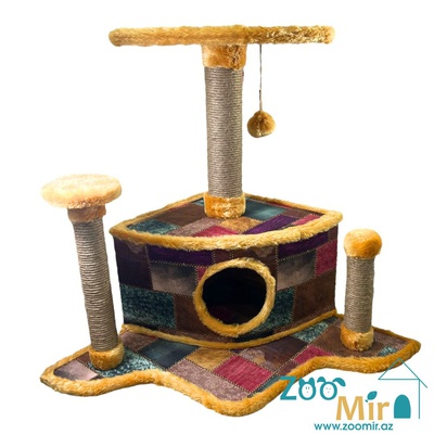 Zoomir, угловая домик-когтеточка с угловым основанием и двумя столбиками, для котят и кошек, 80х84х60 см (цвет: разноцветный)