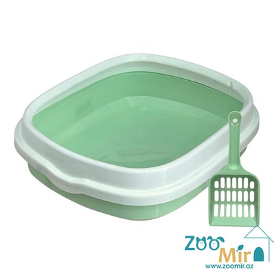 KI, пластиковый лоток прямоугольной формы, оснащенный бортиком, для котят и кошек, 39.5х32.5х10 см (цвет: оливковый)