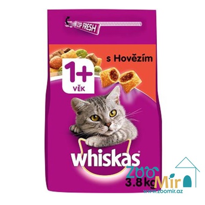Whiskas, сухой корм для взрослых кошек с говядиной, 3,8 кг (цена за 1 пакет)