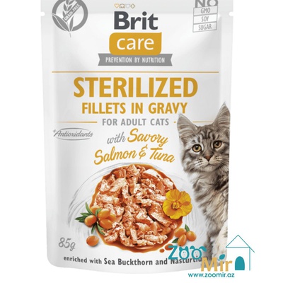 Brit Care Cat Sterilized, Fillets in Gravy with Savory Salmon and Tuna, влажный корм для стерилизованных кошек с лососем и тунцом в соусе, 85 гр