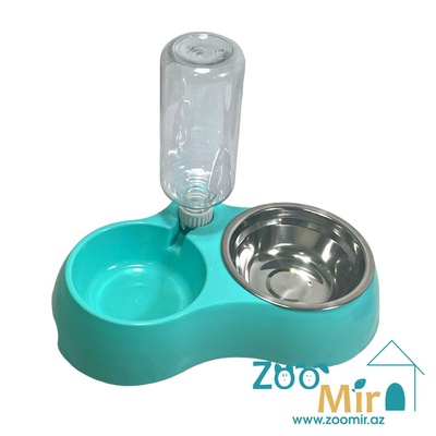 Kİ, двойная миска с бутылкой для воды, для собак малых пород и кошек, 2х0.3л (цвет: ментол)