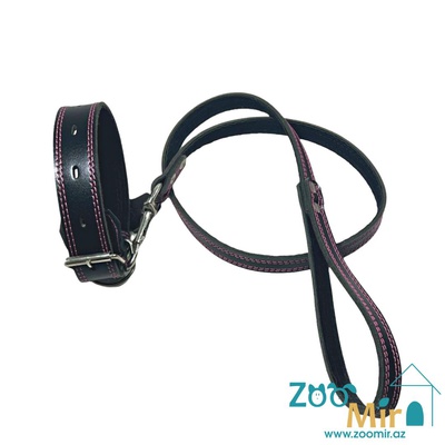 ZooMir, кожаный комплект ошейник с поводком для собак средних пород, (ошейник: 30 - 45 см, 40 мм, поводок 130 см х 2 мм) (цвет: черный с розовой строчкой)