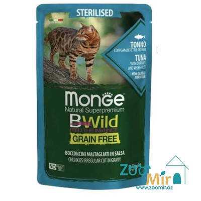 Monge Cat BWild Grain Free Tuna, влажный корм для стерилизованных кошек с тунцом, креветками и овощами, 85 г