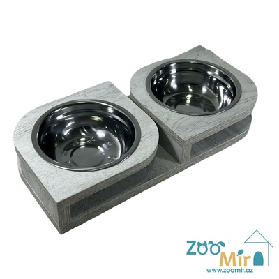ZooMir, металлические миски в виде "Капелек" с деревянным основанием, для собак малых пород, котят и кошек, 43х20х7 см