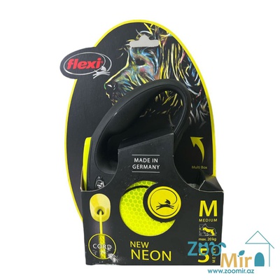 Flexi New Neon, тросовый поводок-рулетка 5 метров, весом до 20 кг (трос), размер M, для собак средних пород, цвет: черный с неоновыми вставками