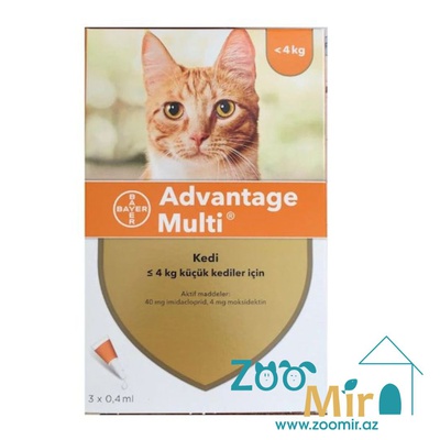 Advantage Multi, раствор для наружного применения (на холку) против клещей, блох, вшей, власоедов и гельминтов, для кошек весом до 4 кг (цена за 1 пипетку)