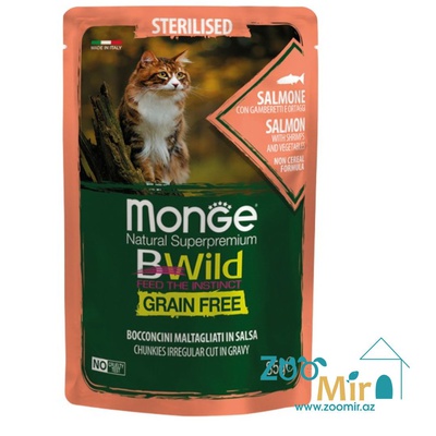 Monge Cat BWild Grain Free Salmon, влажный корм для стерилизованных кошек с лососем, креветками и овощами, 85 г