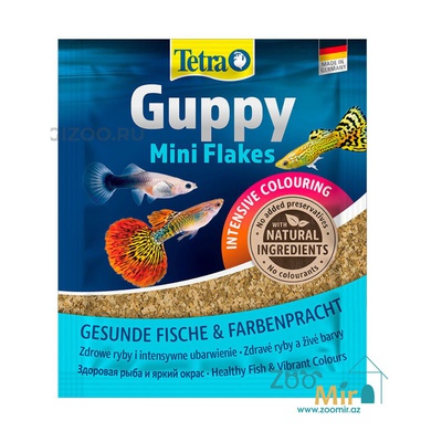 Tetra Guppy Mini Flakes, сбалансированный основной корм для пресноводных декоративных рыб (гуппи), укрепляет иммунную систему, улучшает окрас, мини хлопья, 12 гр.