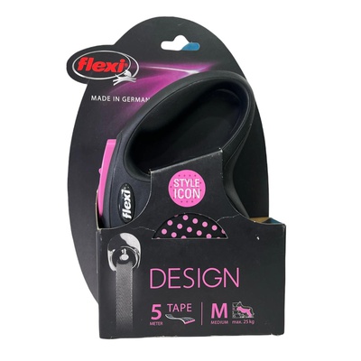 Flexi Design, ременный поводок-рулетка для собак длиной  5 метров, весом до 25 кг, размер M, цвет: черный в розовый горошек