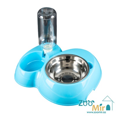 Kİ, двойная миска с бутылкой для воды, для собак малых пород и кошек, 30х20х24 см (400 мл) (цвет: голубой)