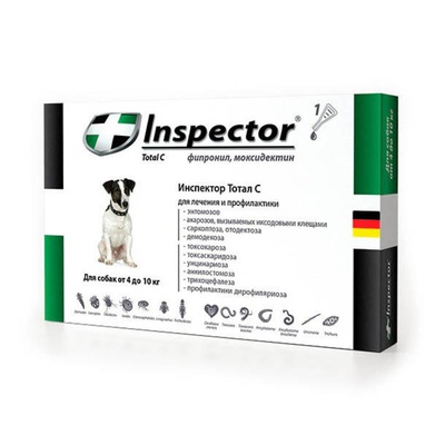 Inspector Total С, раствор для наружного применения (на холку) против блох, клещей и дегельминтизация, для собак весом от 4 кг до 10 кг (цена за 1 пипетку)