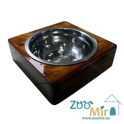 ZooMir, металлическая миска с деревянным основанием, для собак малых пород, котят и кошек, 17х17x5 см (коричневый)