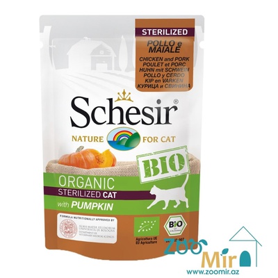 Schesir bio, влажный корм для стерилизованных кошек с курицей, свининой и тыквой, 85 гр