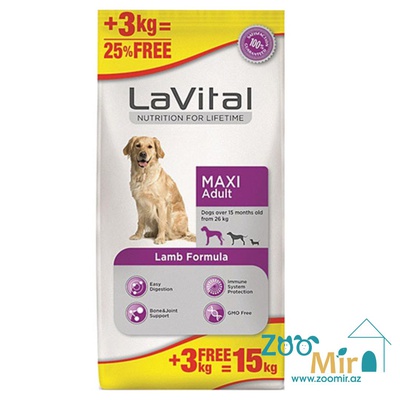 LaVital Maxi Adult Lamb Formula, сухой корм для взрослых собак крупных пород c ягненком, 12+3 кг (цена за 1 мешок)