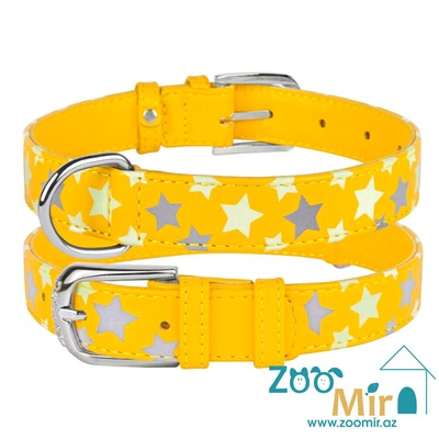Collar  WAUDOG Glamour, ошейник со светоотражающими звездами из кожи, для собак малых пород, 27 - 36 см х 15 мм (размер: XS) (рисунок "Звезда - Желтая")