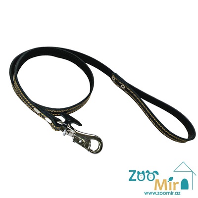 ZooMir, кожаный поводок с бычьем карабином для собак средних и крупных пород, 130 см х 20 мм (цвет: черный с коричневой строчкой)