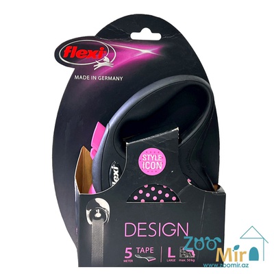 Flexi Design, ременный поводок-рулетка 5 метров, весом до 50 кг, размер L, для собак средних и крупных пород, цвет: черный в розовый горошек