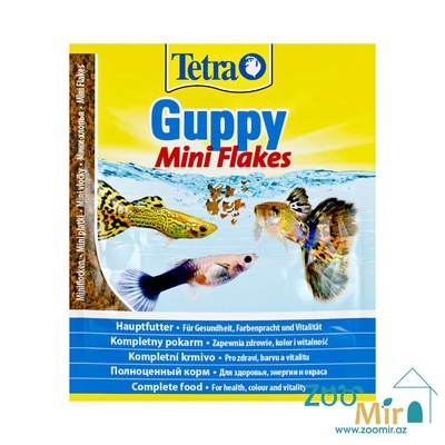 Tetra Guppy Mini Flakes, сбалансированный основной корм для пресноводных декоративных рыб (гуппи), укрепляет иммунную систему, улучшает окрас, мини хлопья, 12 гр.