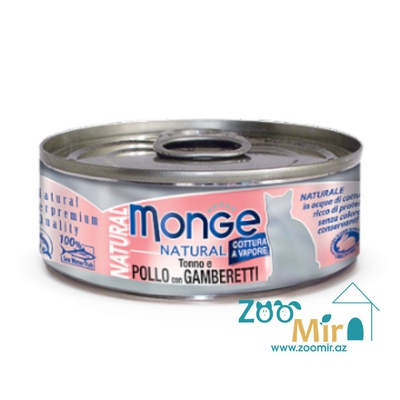 Monge Natural Tonno e Pollo con Gamberetti, консервы для взрослых кошек с тунцом, курицей и креветками, 80 гр