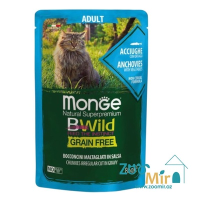 Monge Cat BWild Grain Free Anchovies, влажный корм для взрослых кошек с анчоусами и овощами, 85 г