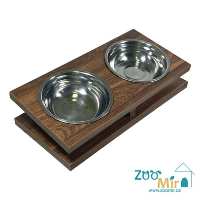 ZooMir, металлические миски с деревянным основанием, для собак малых пород, котят и кошек, 37х18х9 см (цвет: коричневый)