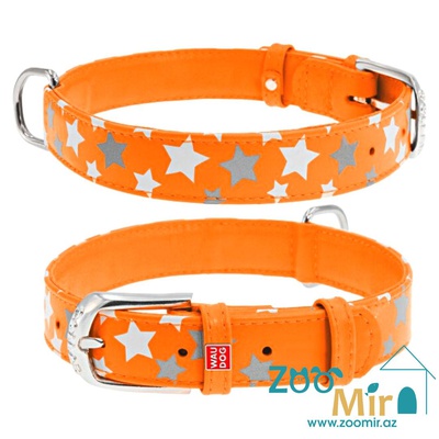Collar  WAUDOG Glamour, ошейник со светоотражающими звездами из кожи, для собак малых пород, 27 - 36 см х 15 мм (размер: XS) (рисунок "Звезда - Оранжевый")