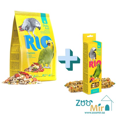 Rio, сбалансированная зерновая смесь для ежедневного кормления, корм для крупных попугаев, 1 кг + фруктовый Rio Sticks в подарок