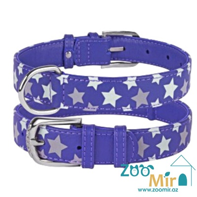 Collar  WAUDOG Glamour, ошейник со светоотражающими звездами из кожи, для собак малых пород, 27 - 36 см х 15 мм (размер: XS) (рисунок "Звезда - Синий")