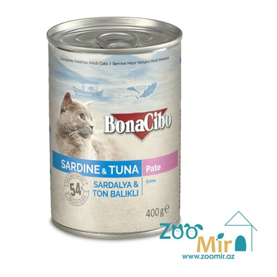 BonaCibo Sardine and Tuna Pate, консервы для взрослых кошек с сардинами и тунцом, паштет, 400 гр.