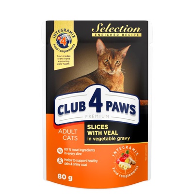 Club 4 paws, влажный корм с мясными кусочками в соусе, для взрослых кошек, 80 гр.