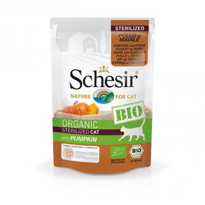 Schesir bio, влажный корм для стерилизованных кошек с тыквой, 85 гр