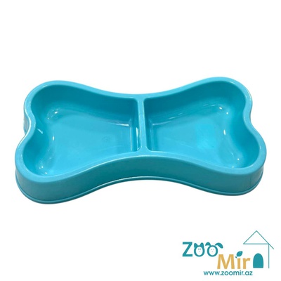 KI, пластиковая двойная миска в форме кости для собак и кошек, 24x12.5x3.5 см, 2х0.3 л (цвет: голубой)