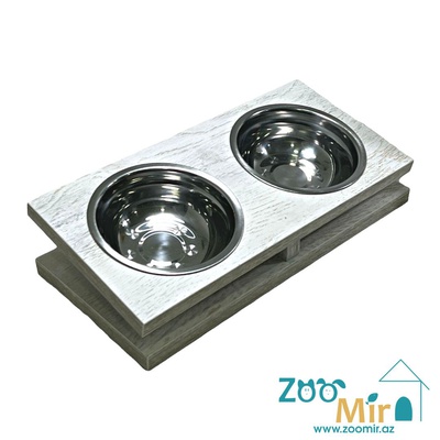 ZooMir, металлические миски с деревянным основанием, для собак малых пород, котят и кошек, 35.5х17х10 см (цвет: светло серый)