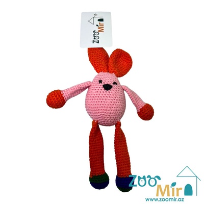 ZooMir, игрушка вязанная в форме зайчика, для собак мелких пород, котят и кошек, 20 см (цена за 1 игрушку)(цвет: комбинированный розовый)