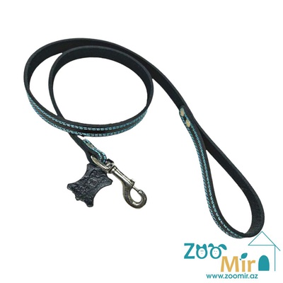 ZooMir, кожаный поводок для собак средних пород, 130 см х 20 мм (цвет: черный с голубой строчкой)