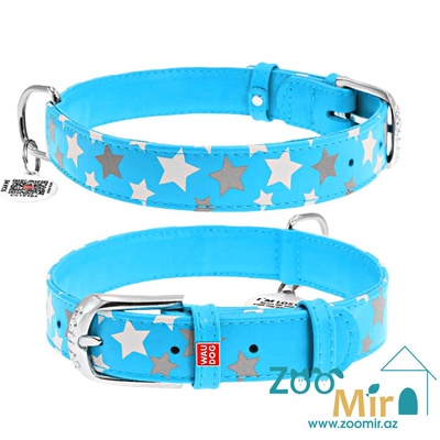 Collar  WAUDOG Glamour, ошейник со светоотражающими звездами из кожи, для собак малых пород, 27 - 36 см х 15 мм (размер: XS) (рисунок "Звезда - Голубой")
