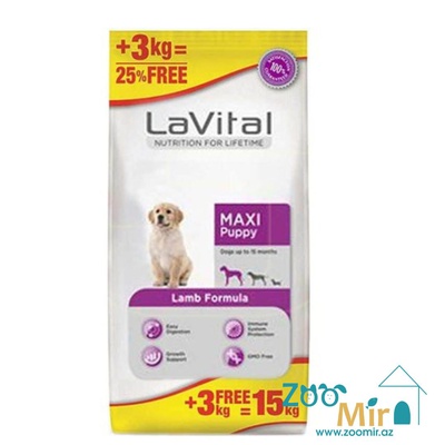 LaVital Maxi Puppy Lamb Formula, сухой корм для щенков собак крупных пород c ягненком, 12+3 кг (цена за 1 мешок)