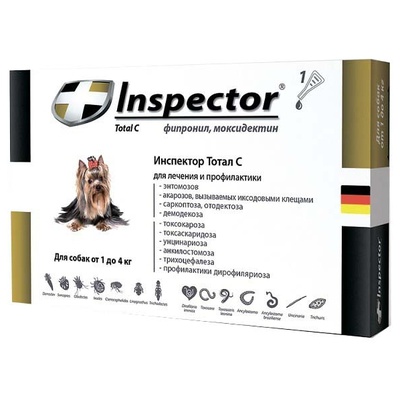 Inspector Total С, раствор для наружного применения (на холку) против блох, клещей и дегельминтизация, для собак весом от 1 кг до 4 кг (цена за 1 пипетку)