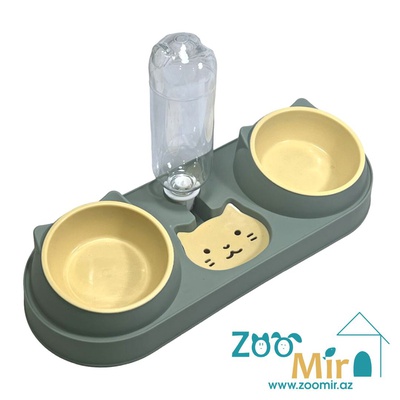 Kİ, тройная миска с бутылкой для воды, для собак малых пород и кошек, 2х0.3л (цвет: хаки)