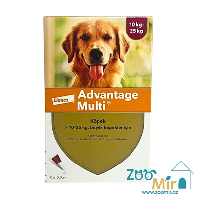 Advantage Multi, раствор для наружного применения (на холку) против клещей, блох, вшей, власоедов и гельминтов, для собак весом от 10 кг до 25  кг (цена за 1 пипетку)