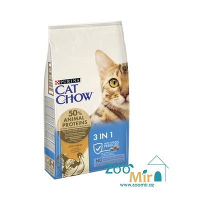 Cat Chow Feline 3 в 1, сухой корм для взрослых кошек: профилактика МКБ, зубного камня, вывод шерсти,1,5 кг (цена за 1 пакет)