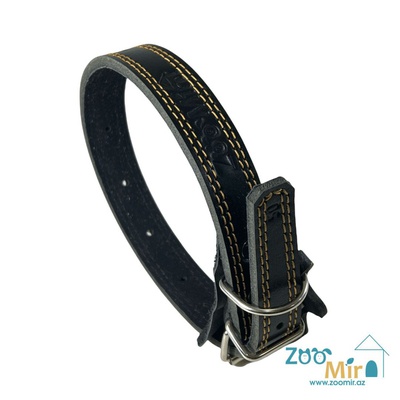 Zoomir, кожаный ошейник для средних пород собак, 60 см. (цвет: черный с горчичной строчкой)