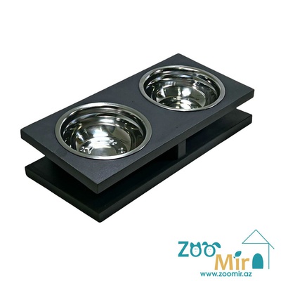 ZooMir, металлические миски с деревянным основанием, для собак малых пород, котят и кошек, 37х18х9 см (цвет: черный)